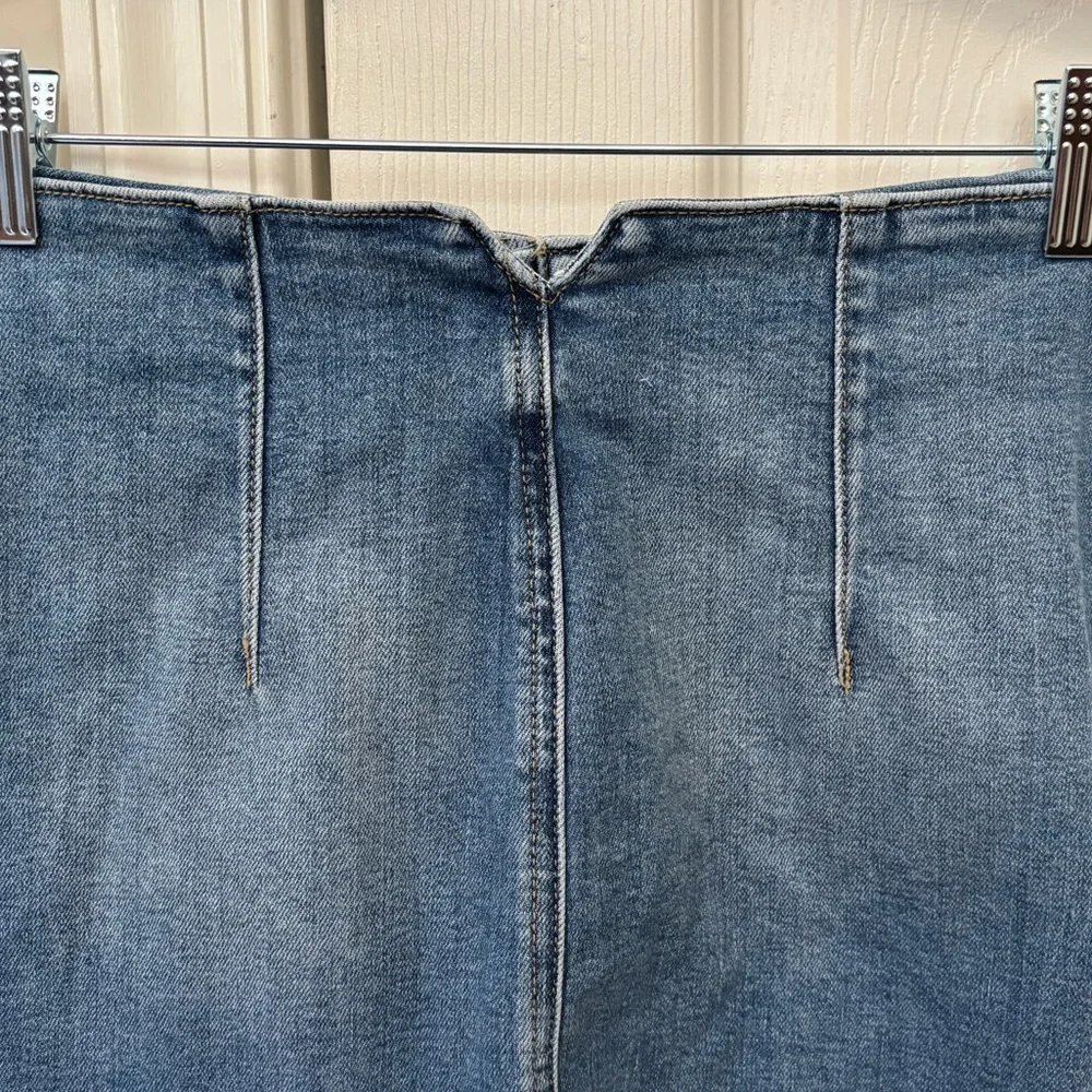 Altar’d State Cotton Blend Front Button Up Jean Shirt with Distressed Bottom